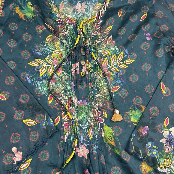 Johnny Was Women's Sami Silk Printed Pintuck Top Size M Medium Geometric Floral - Picture 3 of 10